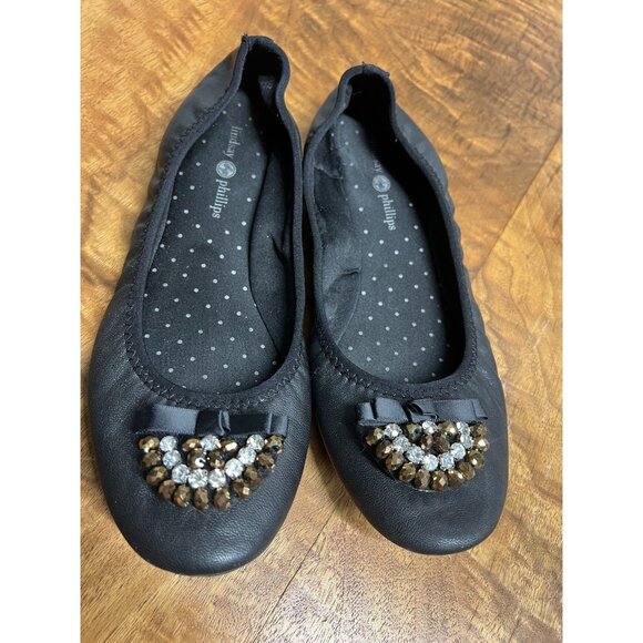 Lot Lindsay Phillips Women’s 9.5 Zip Black Genuine Leather Ballet Flats 2 Snaps - Picture 2 of 11